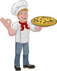 Chef Cook Man Cartoon Holding A Pizza