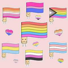 LGBT flags, hearts, kawai, cute items. Collection.