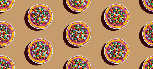 Delicious pizza on a plate on a table, vector flat style illustration, seamless pattern