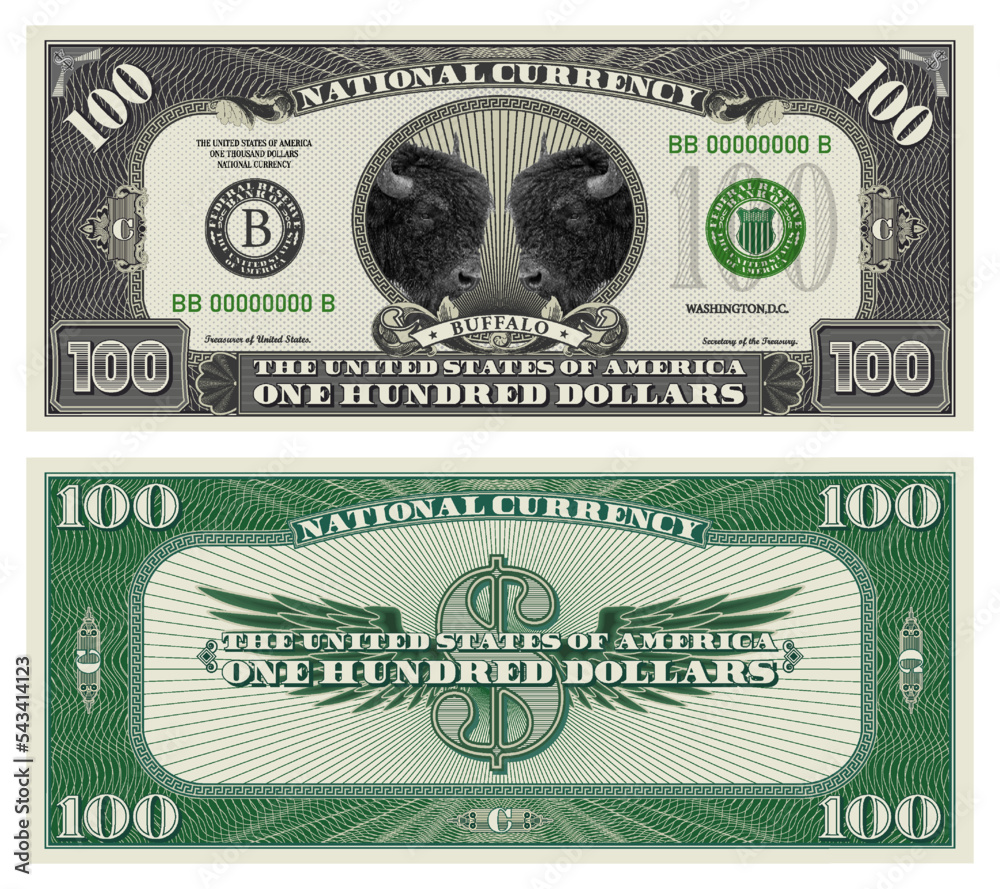 Sticker vector obverse and reverse of a 100 dollars banknote with wings. game us paper money with a wild two