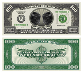 Vector obverse and reverse of a 100 dollars banknote with wings. Game US paper money with a wild two buffalo. Green and gray guilloche frame
