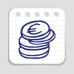 Doodle Coins icon. Blue pen hand drawn infographic symbol on a notepaper piece. Line art style graphic design element. Web button with shadow. Vector illustration