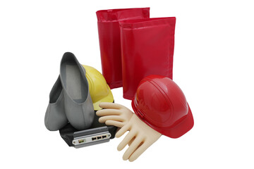 Electrical protection means. Hard hat, visor, rubber gloves and boots, dielectric mat isolated on...