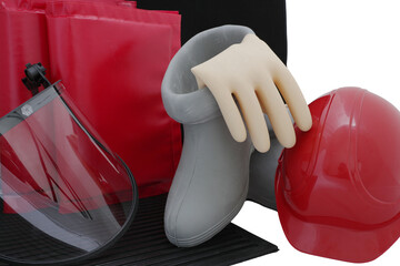 Electrical protection means. Hard hat, visor, rubber gloves and boots, dielectric mat isolated on white