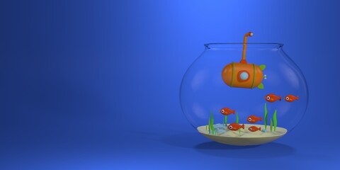 Cartoon fishbowl with submarine and fish, seaweed on blue summer background. Free space for your text. 3D rendering.