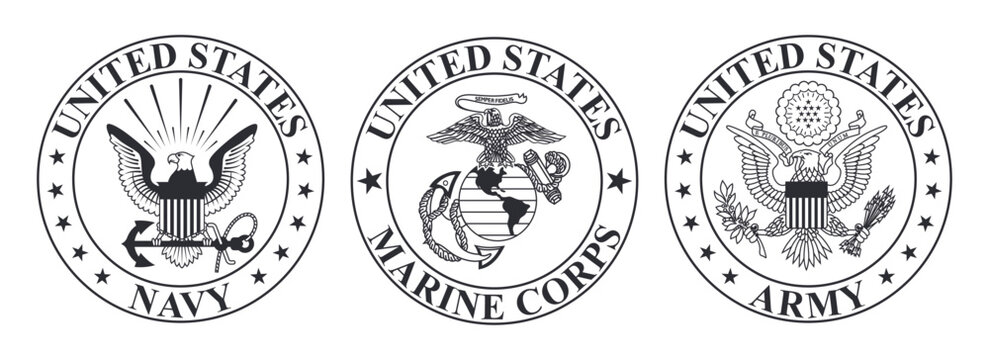 Vector monochrome seal of the United States Navy, US Marine Corps, US Army logo