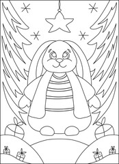 Christmas coloring book. Coloring page with rabbit. Snowflakes and Christmas trees. Present. Hare symbol of 2023