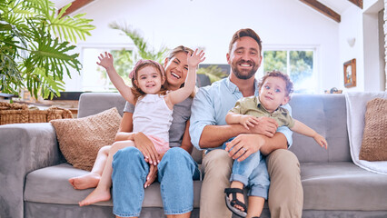 Happy family portrait, parents and kids relax on living room sofa, couch and together for love,...
