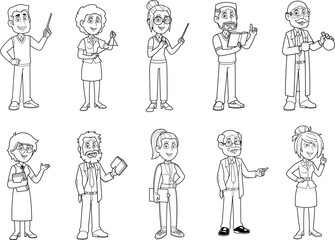 Outlined School Teacher's Cartoon Characters In Different Poses. Vector Hand Drawn Collection Set Isolated On Transparent Background