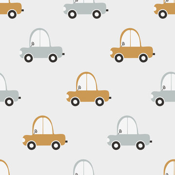 Cartoon cars bohemian style. Seamless pattern with transport. Simple background for the design of a children room, textiles. Cute toy vehicle. Doodle machine design in pastel tones.
