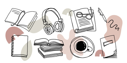 Study aesthetic set with organic shapes. Stack of books, coffee, headphones line art vector illustration