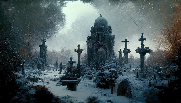 AI generated image of an old spooky snow-covered graveyard
