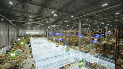 Large distribution center with logistics hologram. - Powered by Adobe
