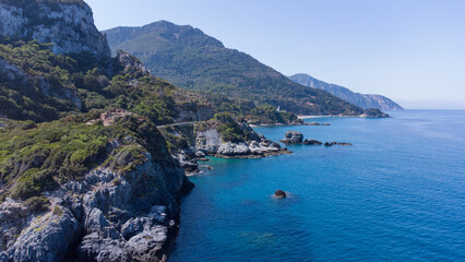 Fototapeta premium Aerial top view of Karlovasi in Samos with the green landscape of the Aegean island