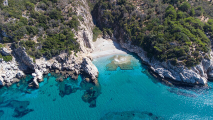 Aerial top view footage of crystal clear water beach of Seitani in the Aegean island Samos