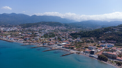 Fototapeta na wymiar Aerial top view of Karlovasi in Samos with beaches and coastline in marvelous Aegean Sea
