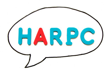 Alphabet letter with word HARPC (Hazard analysis and risk-based preventive controls) in black line hand drawing as bubble speech on white board background