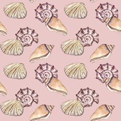 Watercolor sea shell seamless pattern. Hand drawn seashells texture vintage ocean background.