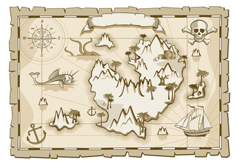 Treasure map template. Aged paper with pirate island