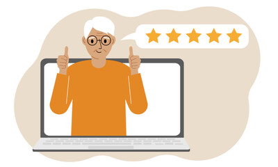 User reviews. Laptop with a man with thumbs up. Customer Review, Online Review, Star Rating, Feedback. Rating bubble.