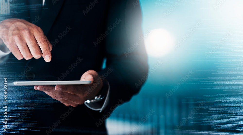 Poster zoom of hands, tablet or businessman with futuristic cyberpunk network, cloud computing or crypto in