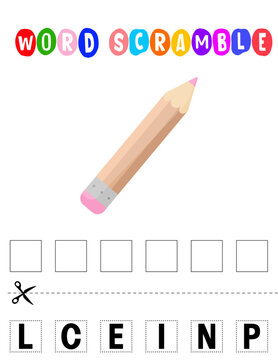 Pencil Word scramble . Educational game for kids. English language spelling worksheet for preschool children