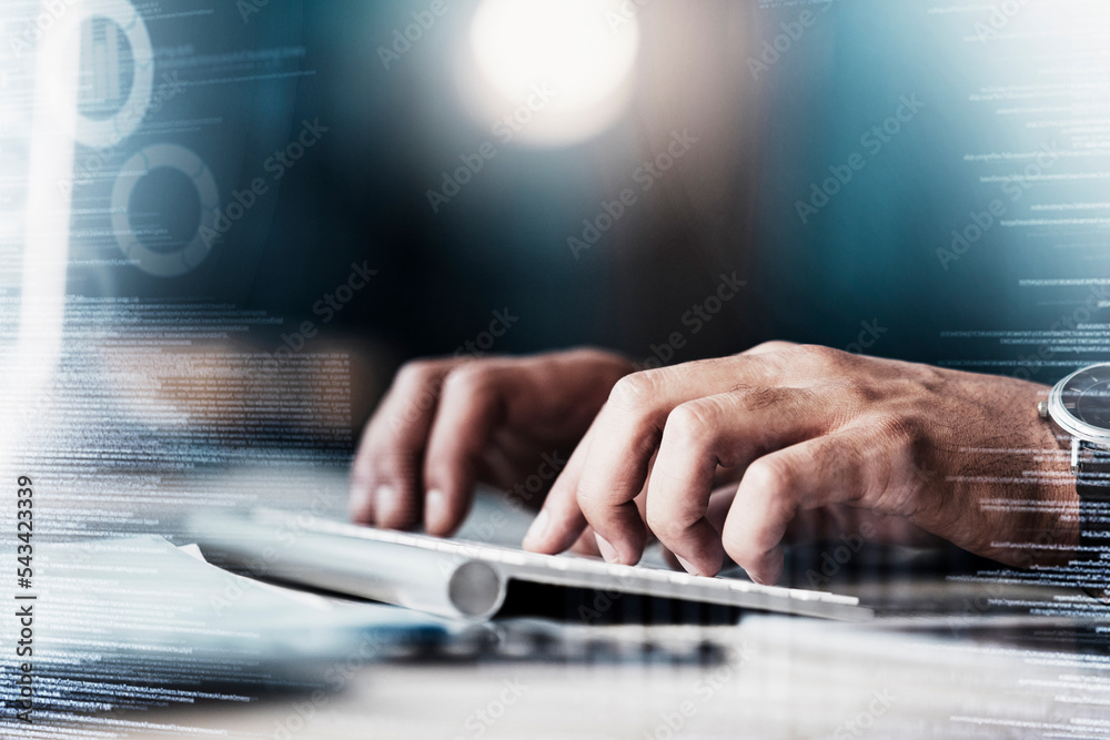 Aufkleber Developer, overlay and hands typing on a keyboard for digital transformation, cloud computing and code research. Software, programmer and web designer coding ai, it and programming website iot data