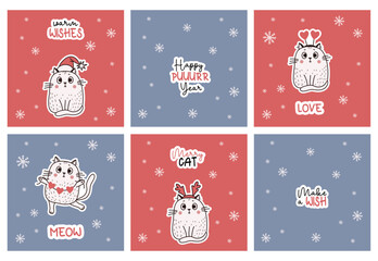 Collection funny Christmas posters with cute cats and Christmas winter inscriptions congratulations. Vector square cards in cartoon style for greeting New Year, Christmas cards, design and print.
