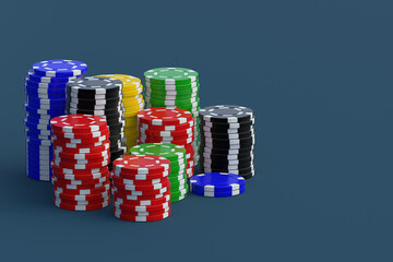 Stacks of playing chips on casino table. Luxury games. Copy space. 3d render