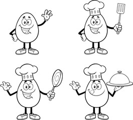 Outlined Easter Egg Cartoon Mascot Character In Different Poses. Vector Hand Drawn Collection Set Isolated On Transparent Background