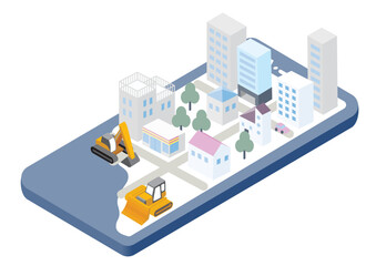 スマートフォン　オンラインの仮想の街構築中のイラスト