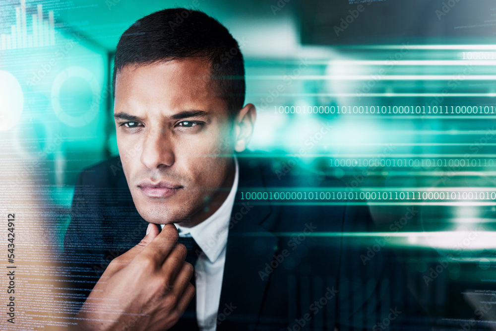 Poster Thinking, computer coding and cyber businessman programming big data, stock market finance and digital software. Programmer, blockchain and security analytics, fintech management and trading database