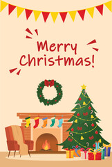 Merry Christmas postcard. Fireplace with Christmas tree and present. Cozy armchair in living room. Vector illustration.