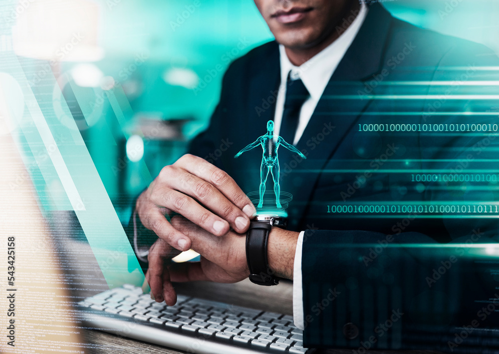Poster Programmer, biometric health software and smart watch, AI technology and cyber management, human body hologram and digital transformation, data science and code. Businessman cloud computing media app