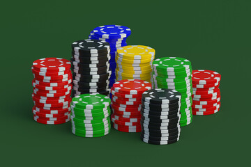 Stacks of playing chips on casino table. 3d render