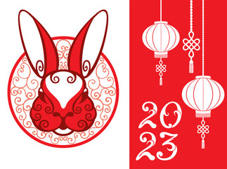 Happy Chinese New Year 2023, Rabbit zodiac sign  Asian elements with craft rabbit paper cut style. 