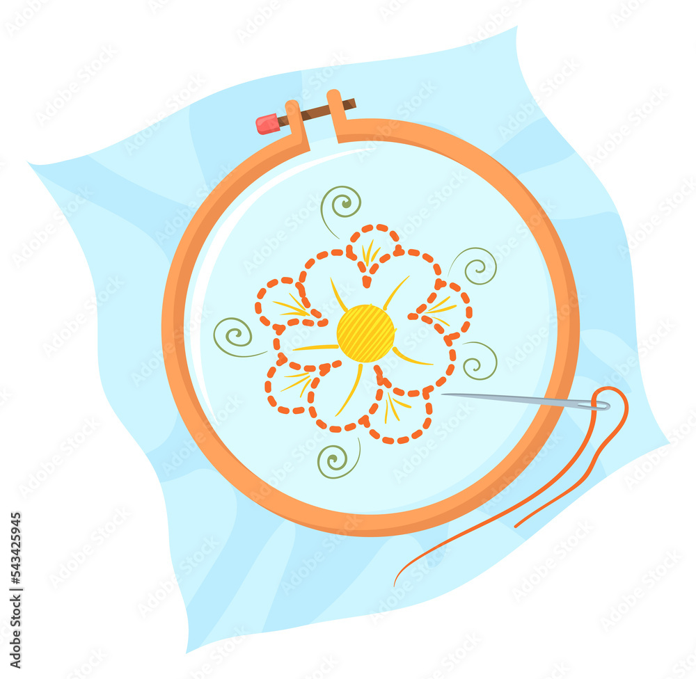 Wall mural Embroidery cartoon icon. Flower on sewing hoop. Hobby symbol