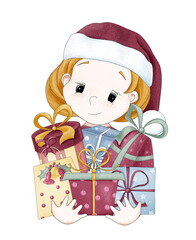 Portrait of a cute cartoon baby girl or a Christmas gnome in a red cap with an armful of different decorative Christmas gifts in her hands. Digital illustration in watercolor style. Greeting card