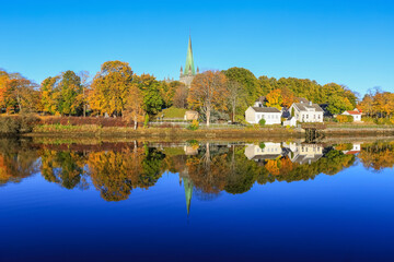 Autumn in Trondheim, view of the river Nidelva and Cathedral Nidarosdomen