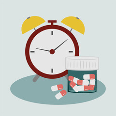 Medication time, pill schedule, medication schedule, alarm clock and pill pack, capsule jar, time supplement intake, course of treatment, vitamin bottle, home first aid kit, treatment with pills