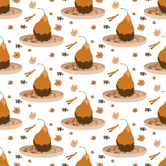 Pear in caramel and chocolate seamless pattern