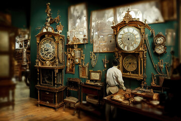 AI generated image of a Victorian era antique clock shop in London 