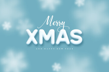 Naklejka na ściany i meble Merry Christmas greeting banner. 3d white Xmas on blue background with falling snowflakes. Vector illustration.