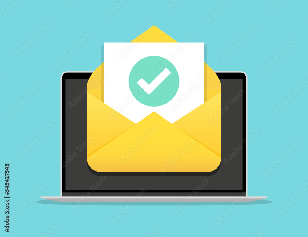 Poster Laptop with open email message with tick in a flat design