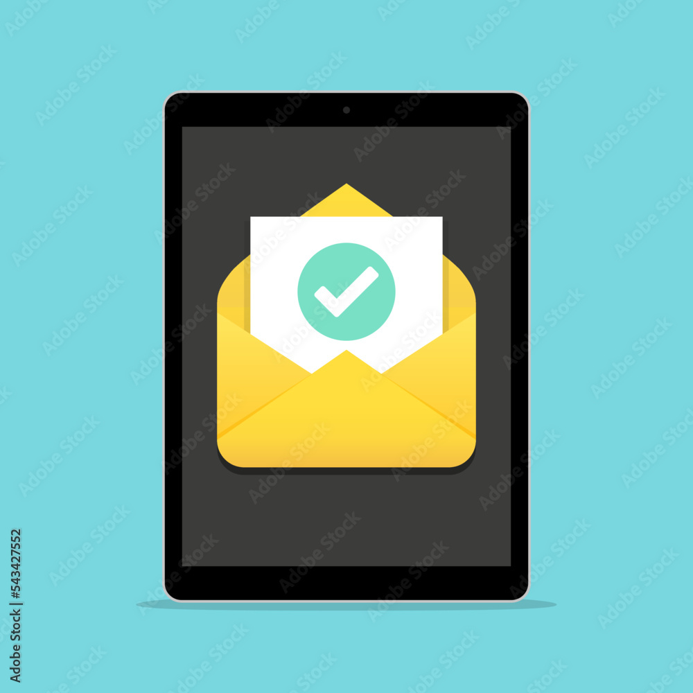 Poster Tablet with open email message with tick in a flat design