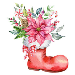 Santa's Socks with poinsettia, greenery and sweets hand painted watercolor illustration isolated on white. Christmas decorations