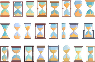 Sand clock icons set cartoon vector. hourglass time. Timer clock