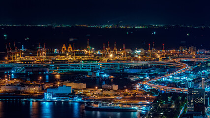 Night view of container terminal at Yokohama, kanagawa, Japan at night.