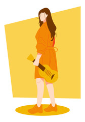 beautiful girl holding ukulele while walking. side view. full body. the concept of music, beauty, women, hobbies, etc. flat vector illustration