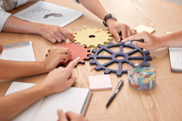 Business people, teamwork and gears, solution and collaboration, planning or ideas, goals and...